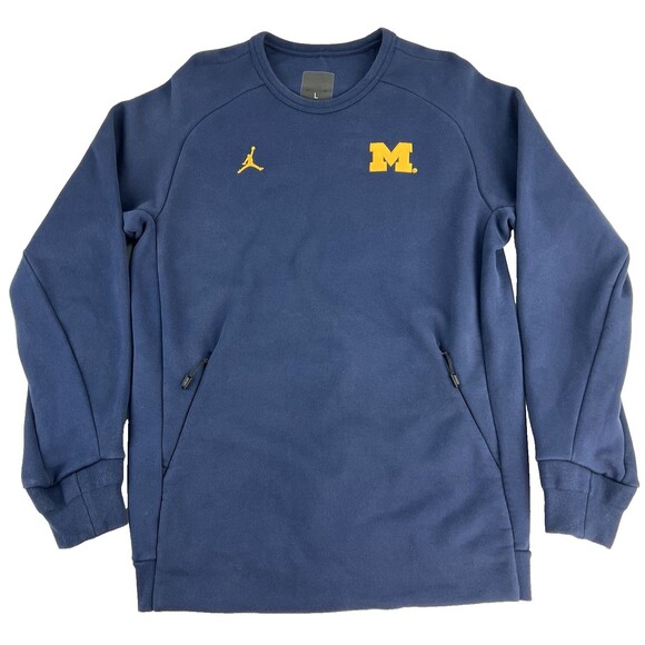Jordan Michigan Wolverines 465 Icon Fleece Crew Sweatshirt Blue Jumpman Mens L - Picture 1 of 9